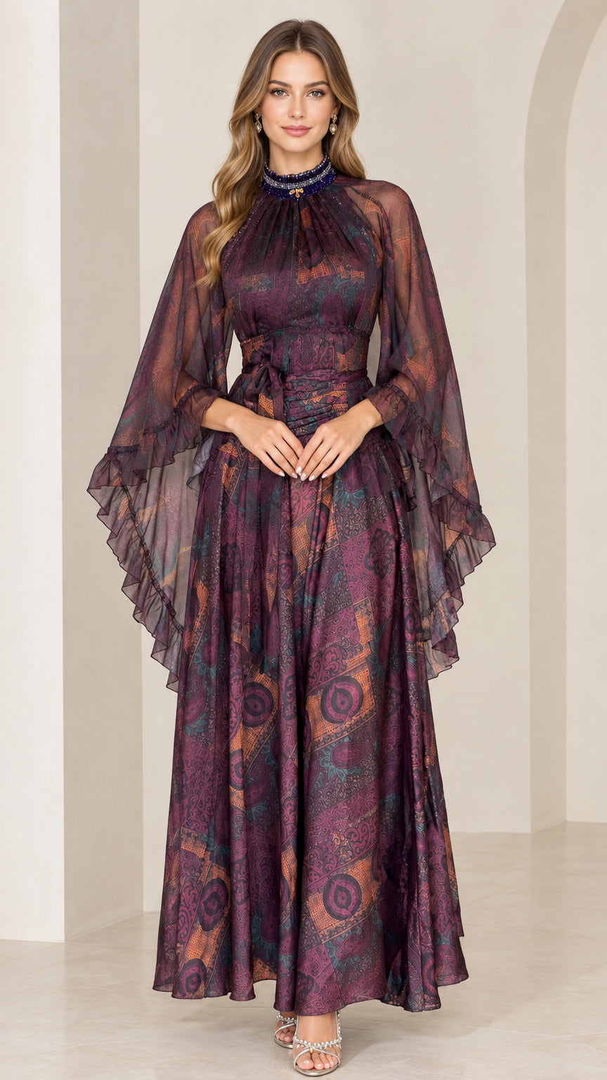 Full front view of model wearing Plum Purple printed high neck maxi dress with flutter sleeves