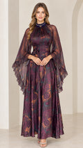 Full front view of model wearing Plum Purple printed high neck maxi dress with flutter sleeves