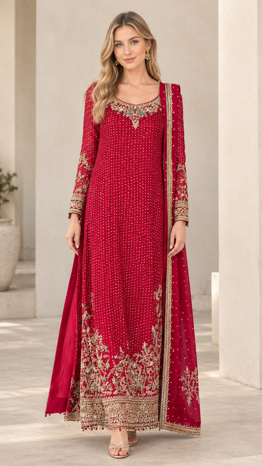 Full front view of model wearing ruby red embroidered long sleeve maxi dress with matching scarf