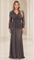 Full front view of Charcoal glitter long sleeve evening gown with ruched waist and side drape