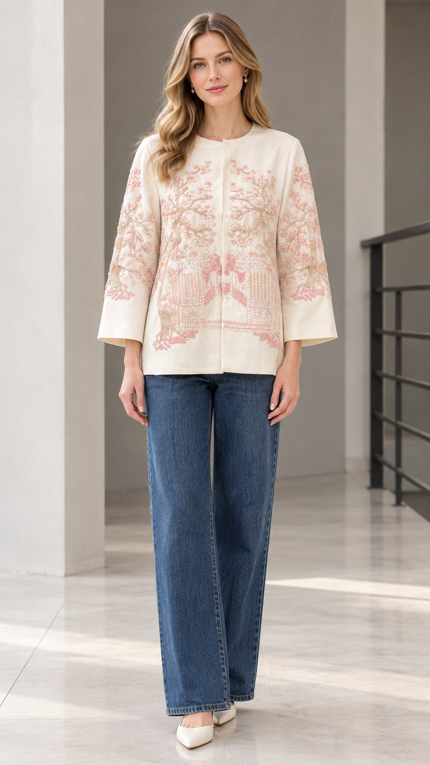 Full front view of model wearing cream floral embroidered collarless jacket with wide leg jeans