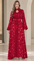 Front full-length view of model wearing Ruby Red embroidered maxi dress with flared sleeves