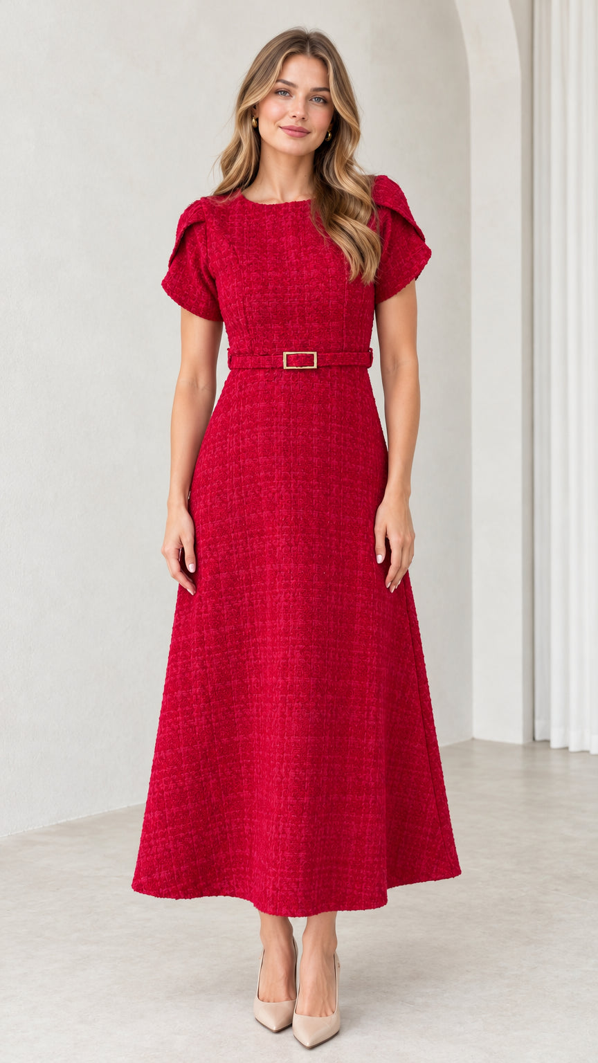 Front full-length view of woman wearing elegant red textured tweed A-line midi dress with belt