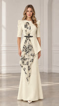 Ivory floral embroidered peplum maxi evening gown front view