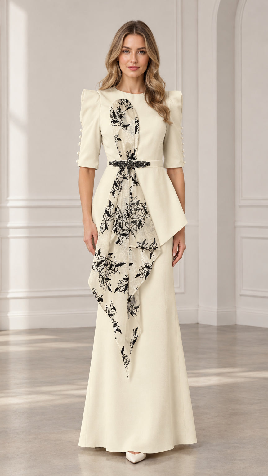 Ivory floral embroidered peplum maxi evening gown front view