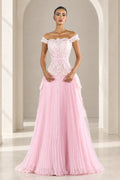 Front view of Blush Pink off-the-shoulder pleated corset evening gown