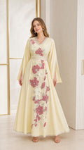 Butter Yellow floral embroidered V-neck kaftan maxi dress front view