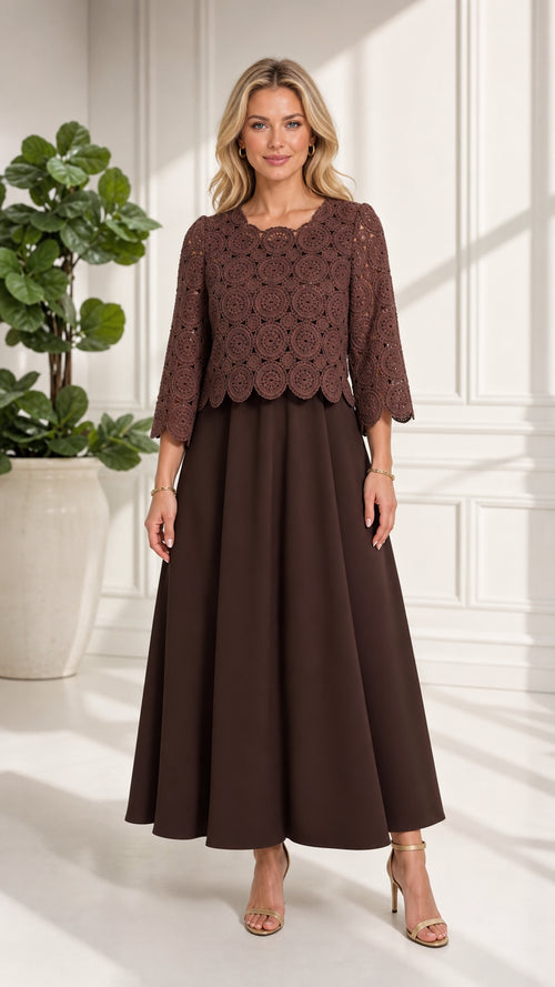 Front full view of chocolate brown crochet lace overlay maxi dress