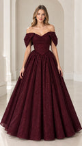 Front view of model wearing burgundy off-the-shoulder glitter ball gown