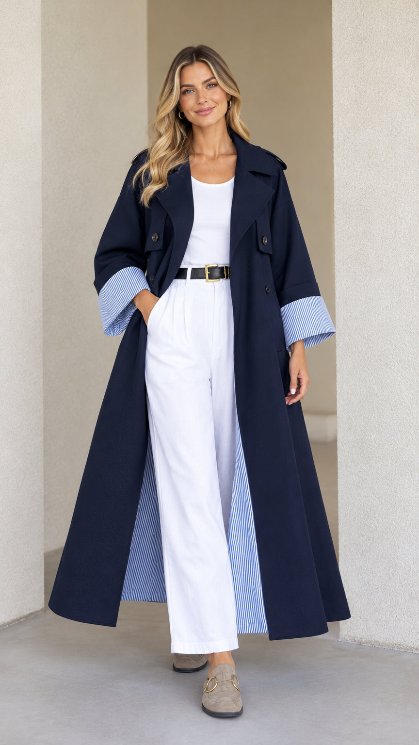 Front view of model wearing Navy Blue maxi trench duster coat with striped cuffs and white pants