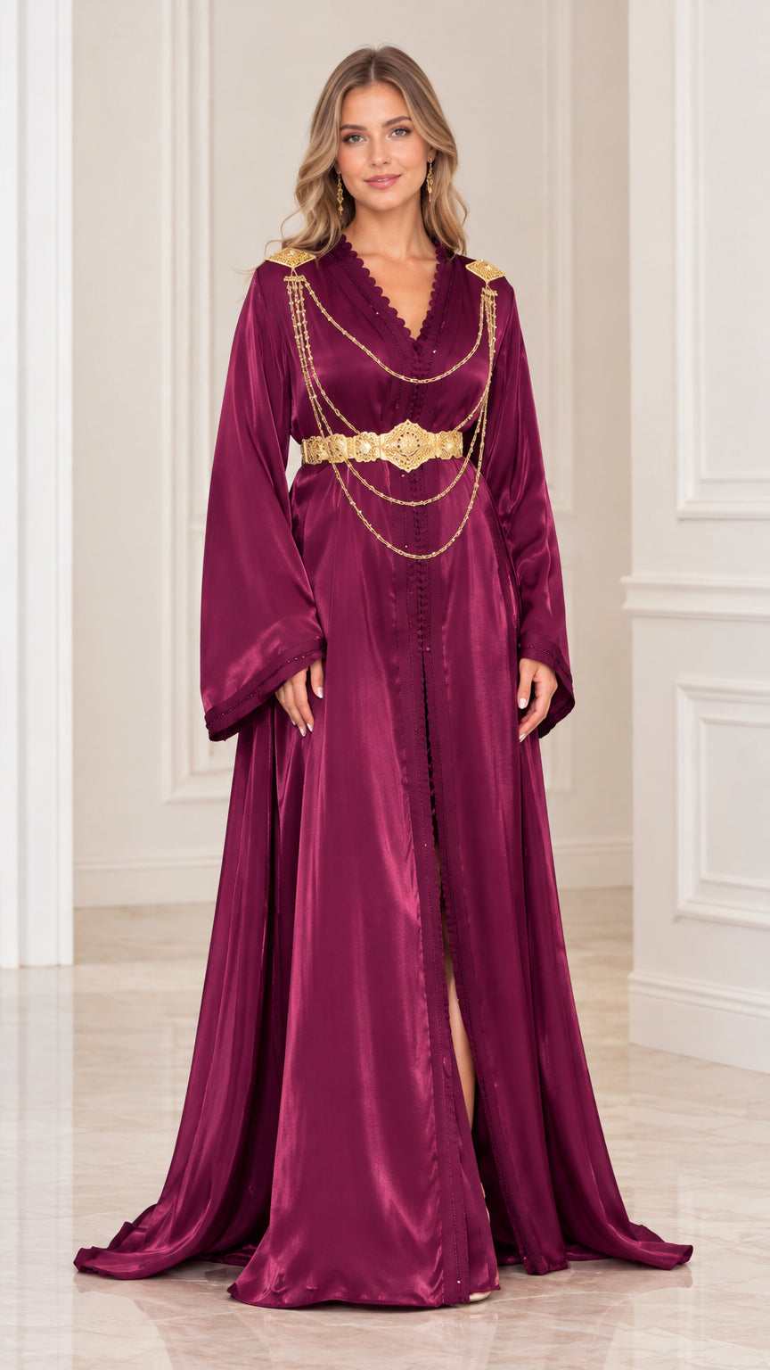 Front full view of woman wearing burgundy satin embellished caftan maxi dress with gold chain belt