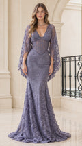 Front view of Dusty Lavender floral lace mermaid evening gown with cape sleeves and plunge neckline