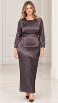 Full front view of Charcoal satin blouse and polka dot maxi skirt two-piece set