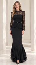 Front view of black long-sleeve beaded lace peplum mermaid evening gown
