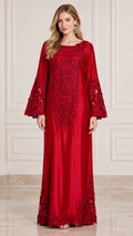 Front view of model wearing full-length red embroidered satin maxi dress with bell sleeves
