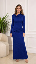 Front view of model wearing Royal Blue glitter cowl neck long sleeve maxi dress