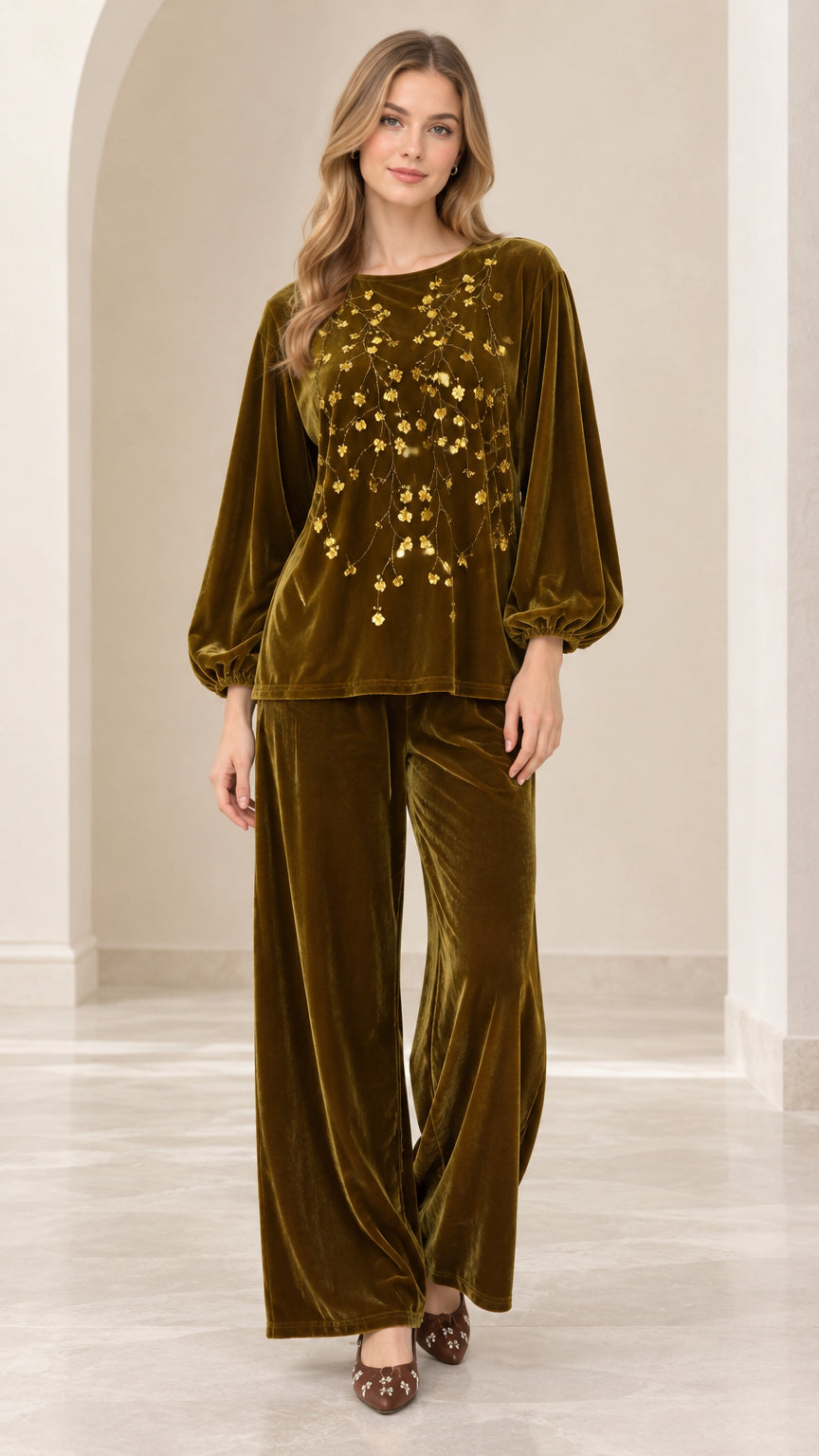 Full front view of women's olive green velvet two-piece set with sequin embellishments