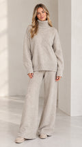 Front full view of women's heather grey turtleneck knit sweater and wide leg pants 2-piece set