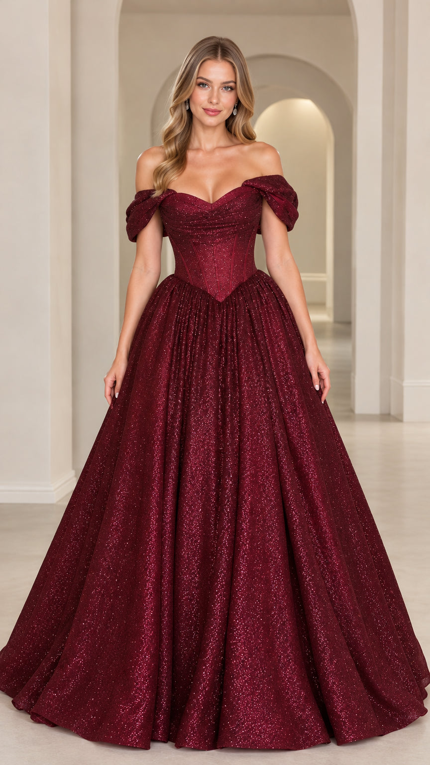 Front view of model wearing Burgundy glitter off-the-shoulder corset ball gown