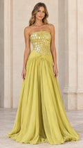 Front view of model wearing chartreuse strapless evening gown with embellished bodice
