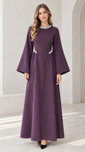 Front view of model wearing purple embellished flare sleeve maxi dress