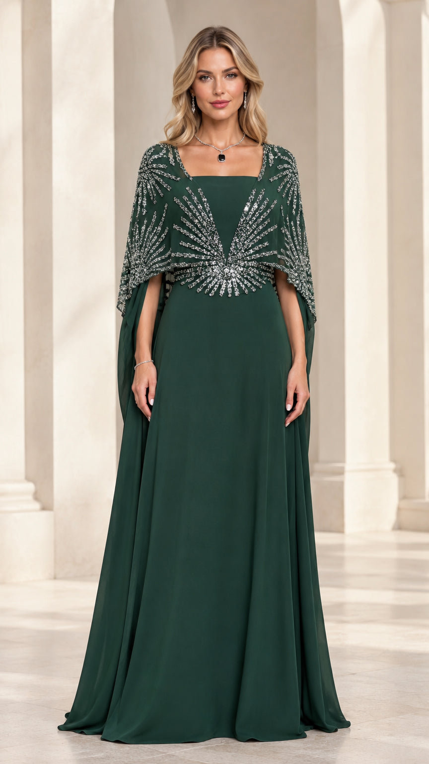Emerald green maxi evening gown with sequin-embellished capelet front view