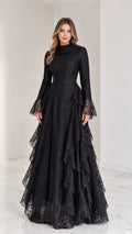 Front view of modest long sleeve black lace evening maxi dress with cascading ruffles