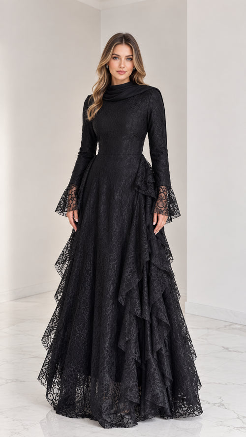 Front view of modest long sleeve black lace evening maxi dress with cascading ruffles