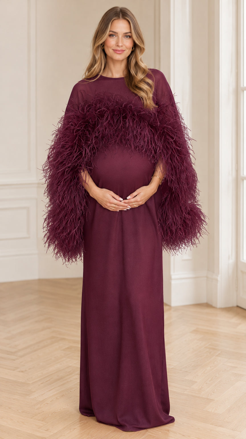 Burgundy feather trim capelet maternity maxi gown front view