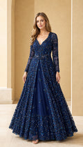 Navy blue long sleeve beaded formal evening gown front view