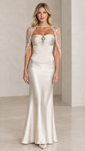 Front view of Champagne satin sweetheart evening gown with sheer beaded capelet