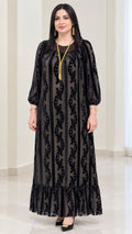 Women's black burnout velvet flocked maxi dress front view