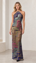 Front view of model wearing Cobalt Multi halter neck chevron sequin maxi dress