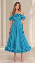 Front view of teal blue 3D floral applique pleated tulle midi dress with spaghetti straps