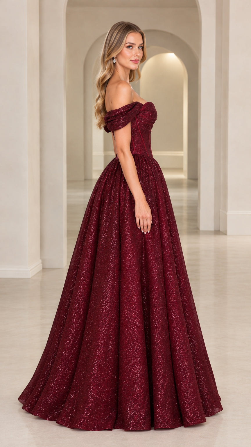 Side profile of Burgundy shimmering off-the-shoulder formal ball gown