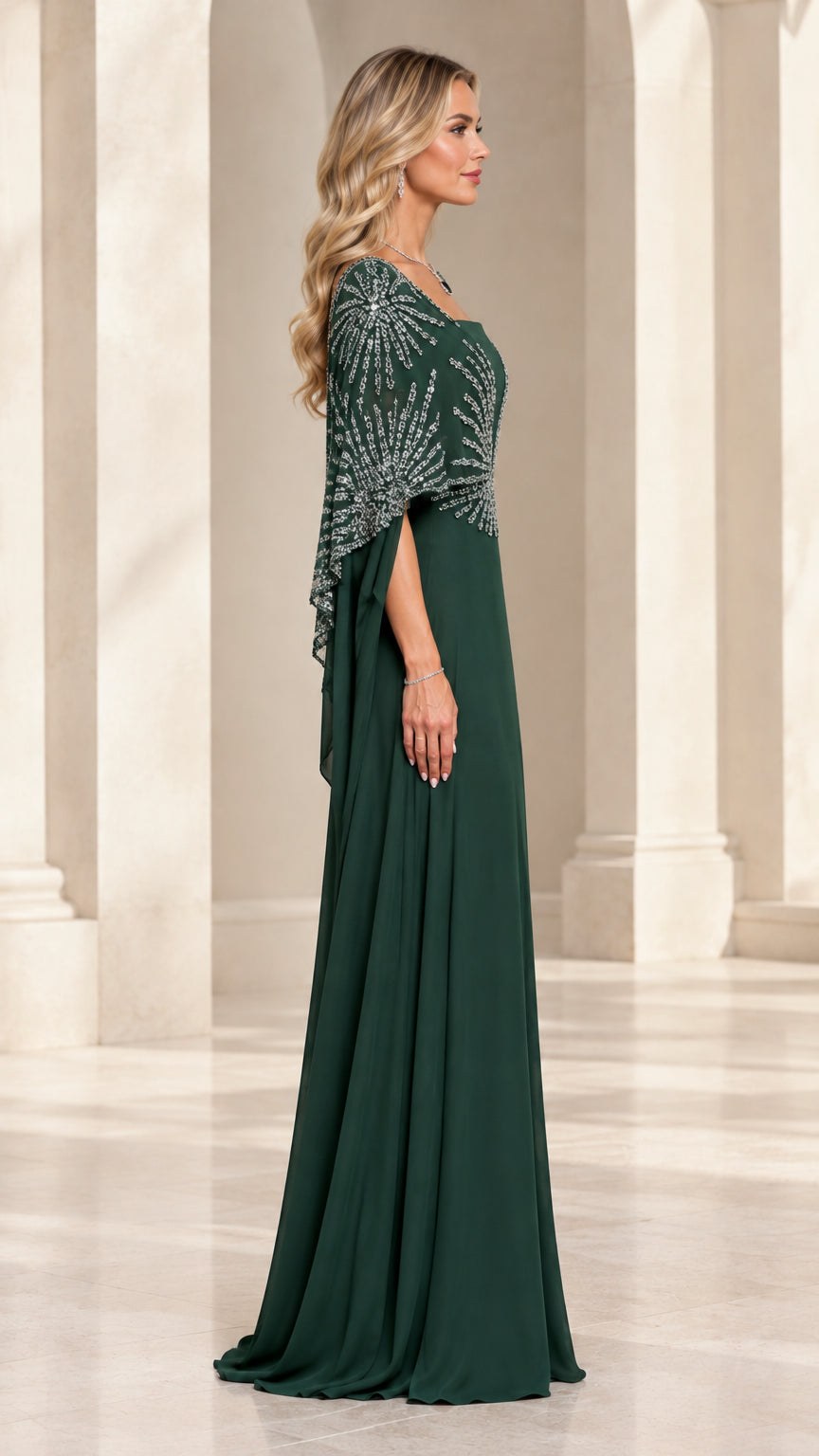 Emerald green sequin capelet formal dress side profile