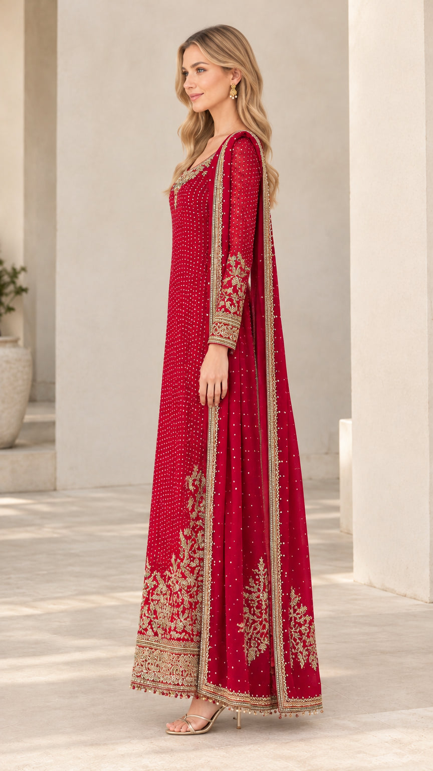 Side profile view of ruby red embroidered A-line maxi gown