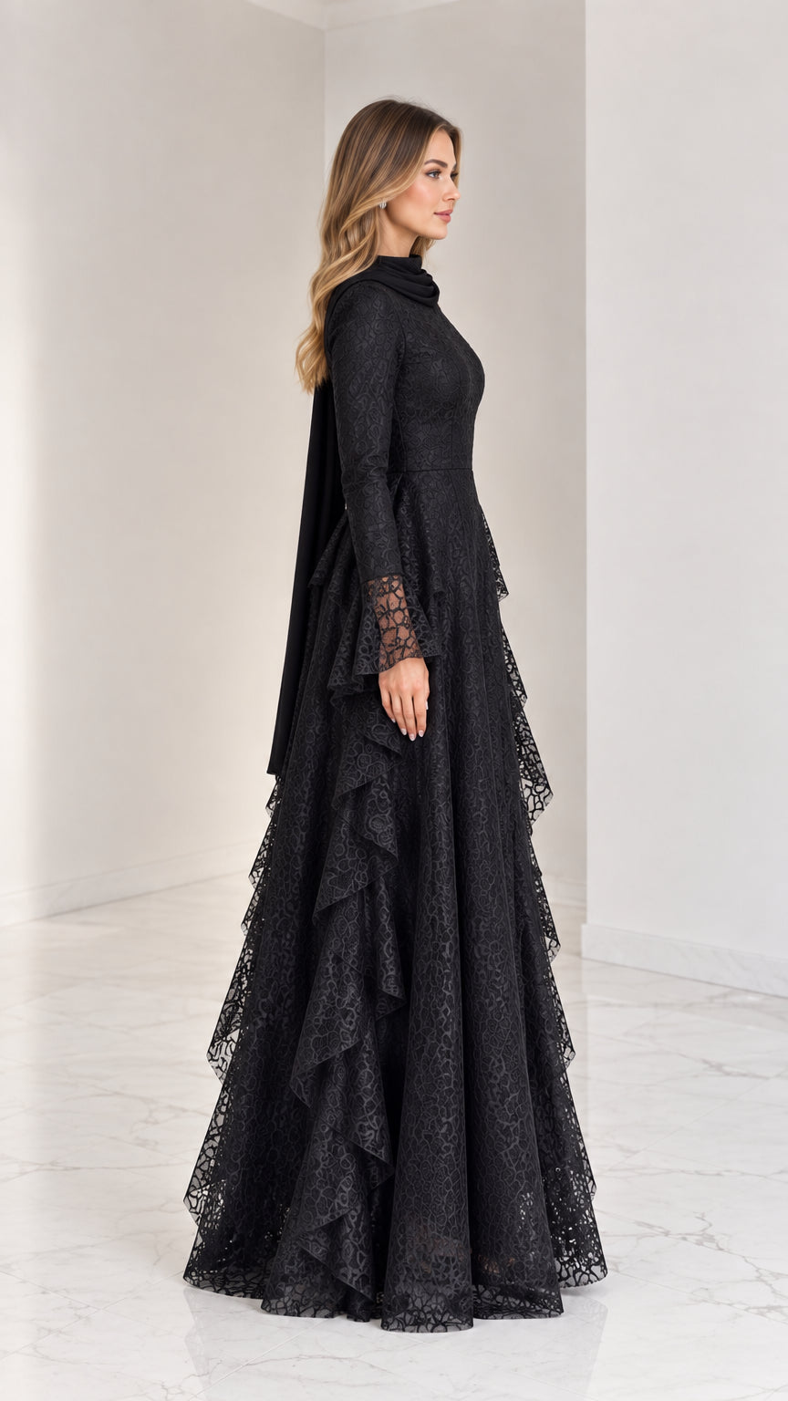 Side profile view of elegant black lace evening gown with ruffled skirt