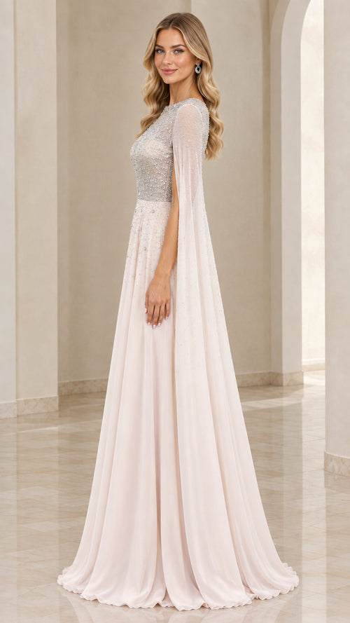 Side profile of Champagne formal gown with sweeping cape sleeves