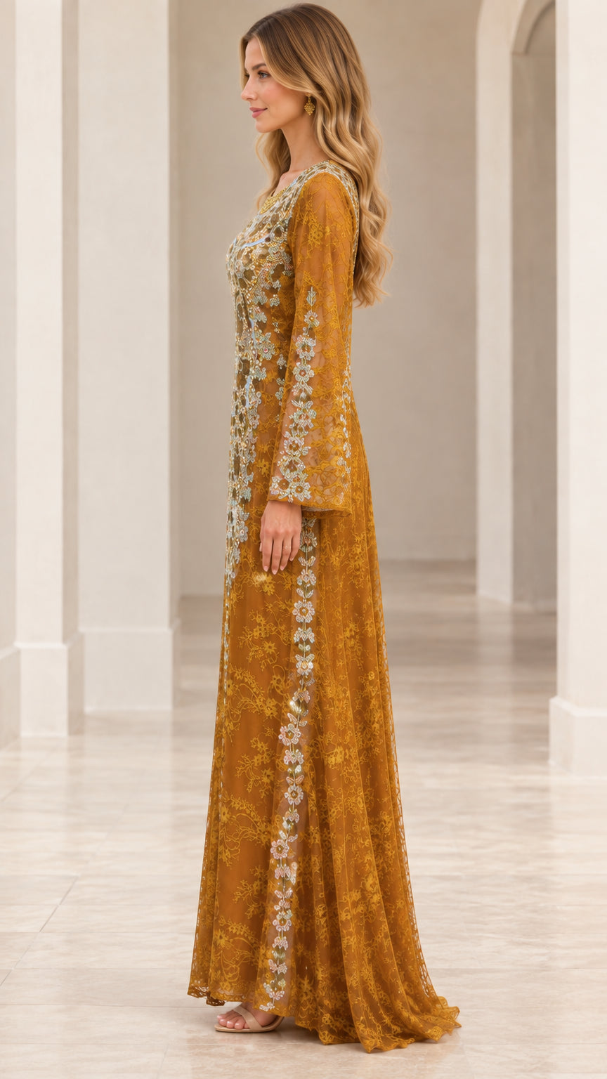 Side profile view of Mustard Gold floral lace evening dress showing flowing A-line drape