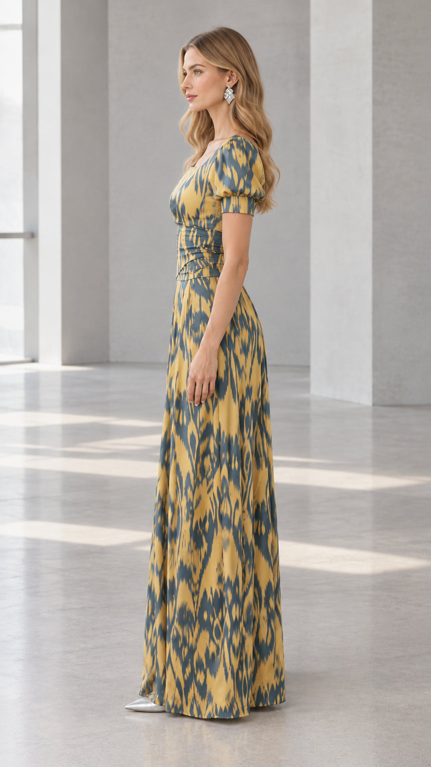 Side profile view of mustard yellow ikat print maxi dress showcasing tailored waist