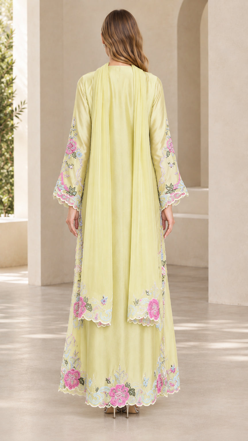 Back view of pistachio green satin finish maxi dress with draped scarf