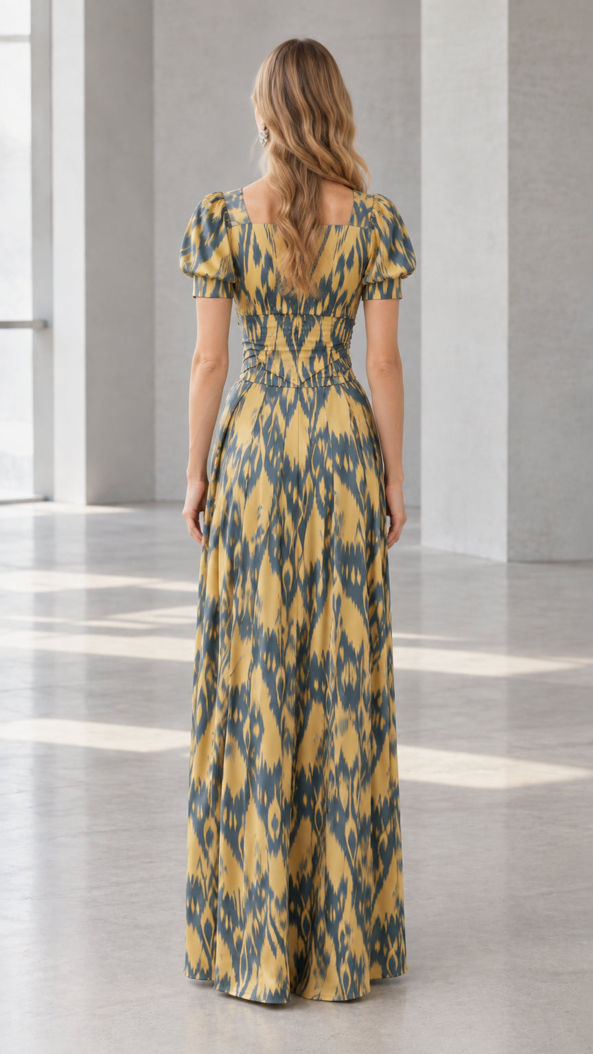 Back view of model wearing mustard yellow square neck ikat maxi gown