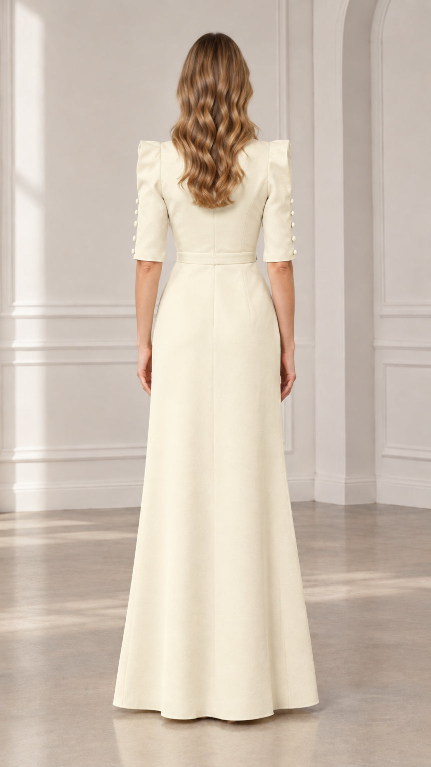 Ivory floor length evening gown rear view