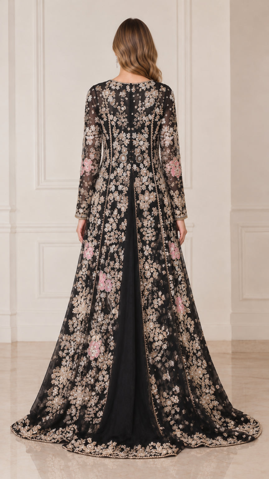 Back view of black floral embroidered formal jacket dress with train