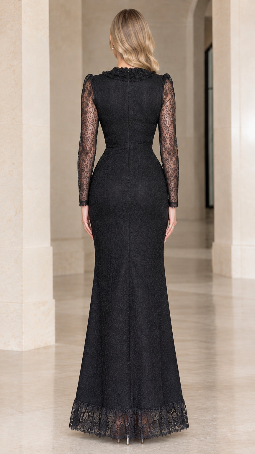 Back view of Black fitted lace maxi dress with sheer lace sleeves