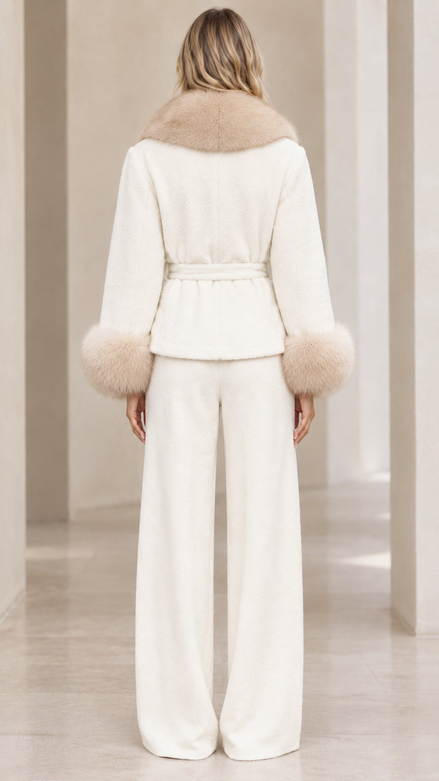Back view of woman wearing cream belted faux fur collar jacket and trousers
