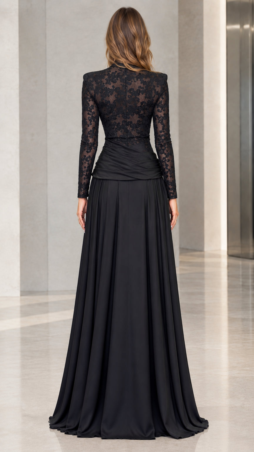 Back view of black formal floor-length evening dress