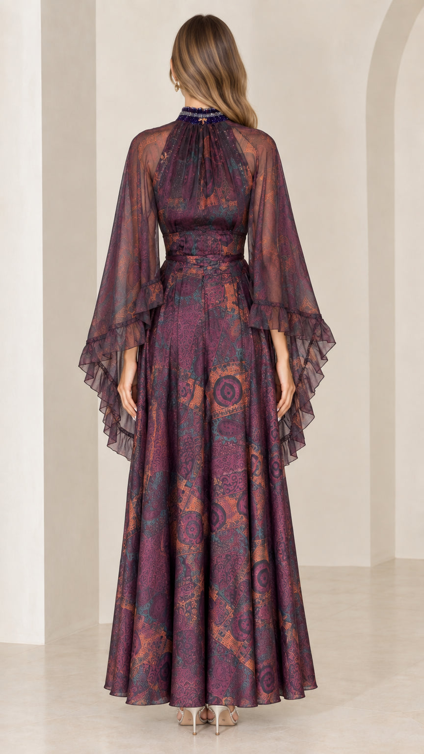 Back view of model wearing Plum Purple high neck flutter sleeve formal dress