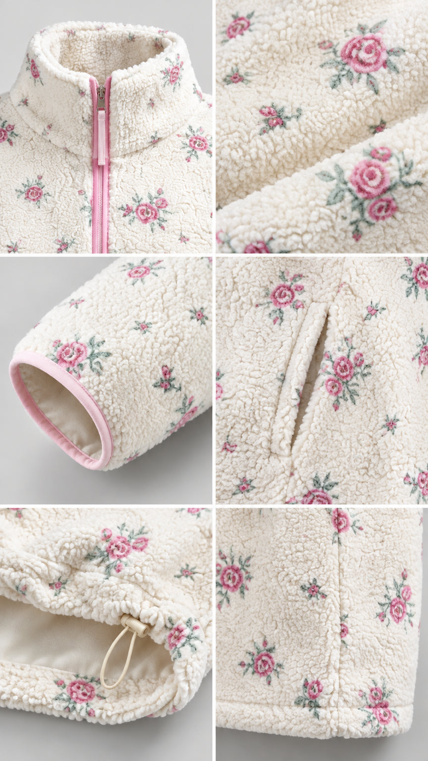 Detailed close-ups of stand collar zipper, floral fleece texture, piped cuff, pocket, and toggle hem